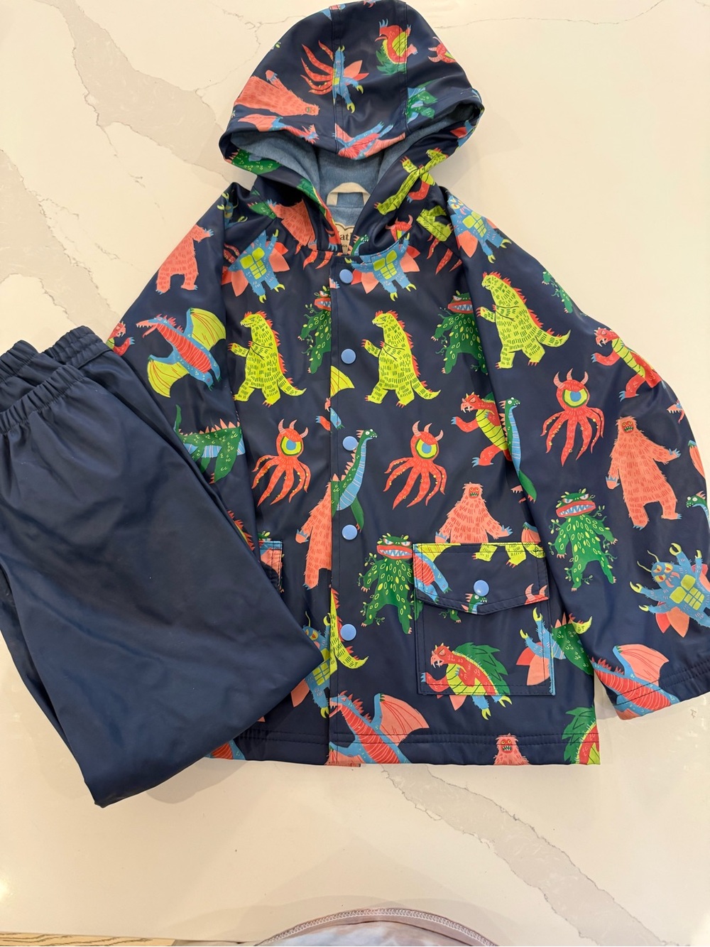 Hatley Navy Rain Jacket & Pants with Colorful Monster Print (kids 7)